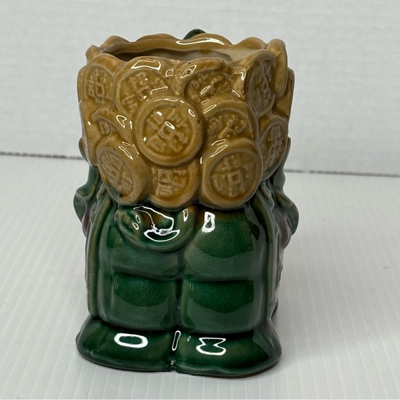 Good Luck Forest green Trunk Up Elephant With beige Coin Basket Planter 5” - Picture 3 of 9